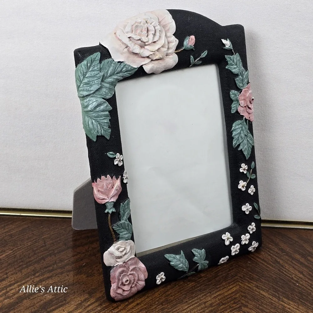 Vintage Black Floral Picture Frame Pink Roses White Flowers Floral Resin‎ 5x7